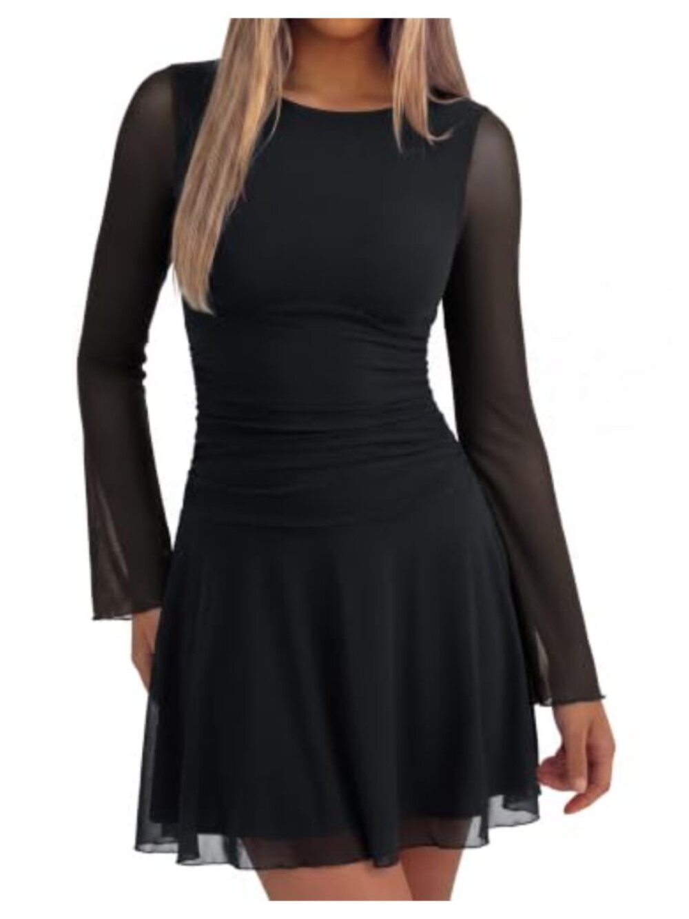 Women's Sheer Mesh Ruched Long Sleeve Mini Dress Boat Neck Y2K